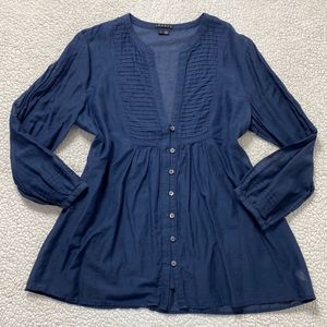 Theory Briallen Blue Silk Blend Deep V Neck 3/4 Sleeve Button Up Top Size Large